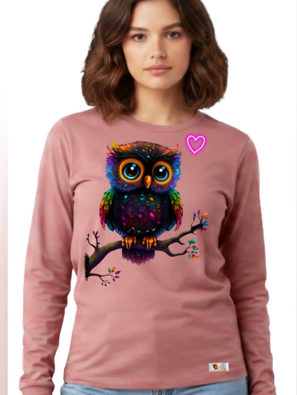 Luxury Neon Owl Graphic Long Sleeve Tee - Size M